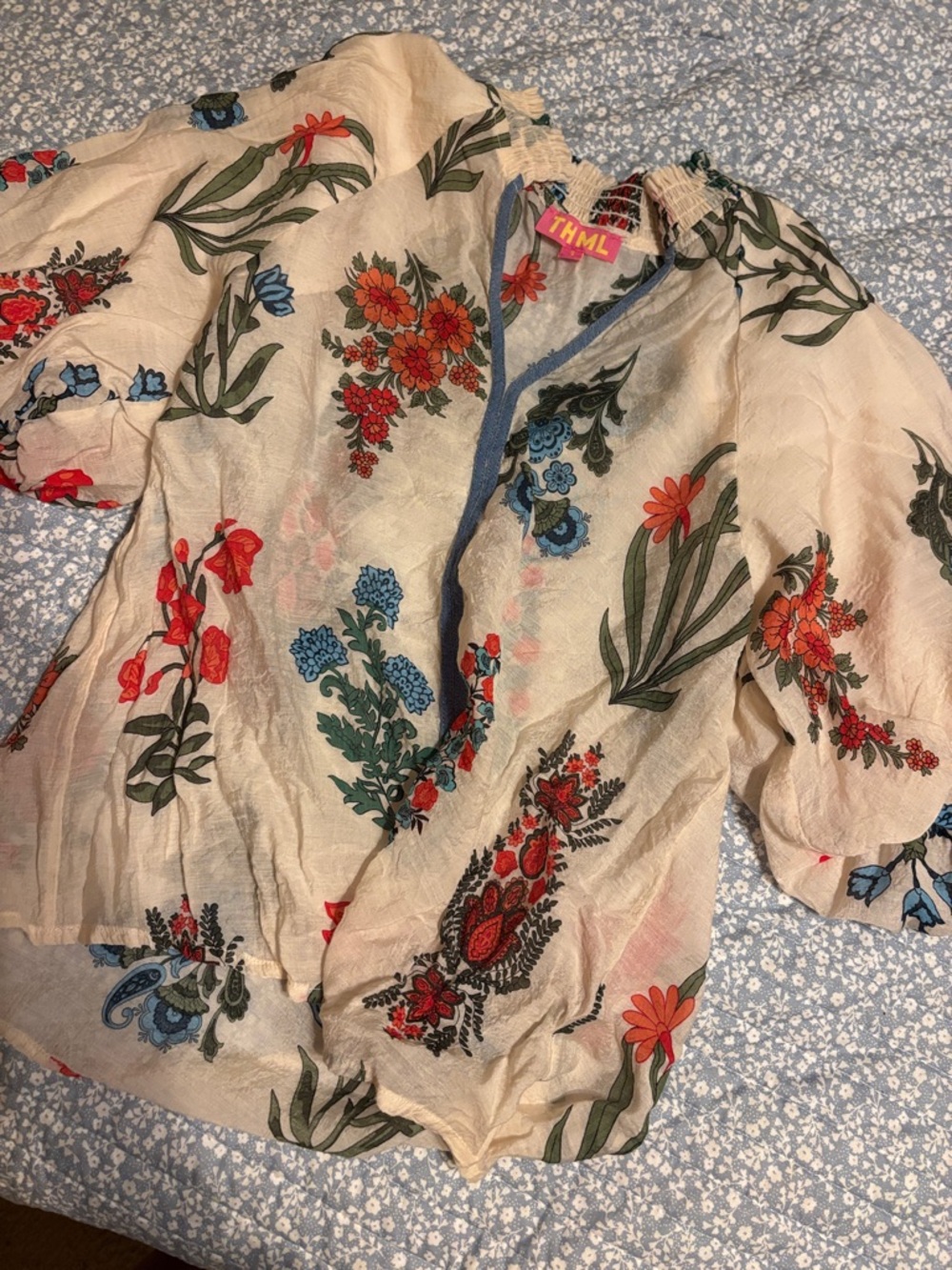 THML Cream Sheer Floral Button-Front Top with Red & Blue Blooms